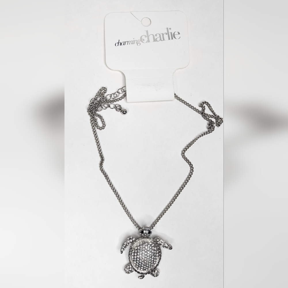 New Charming Charlie's Pave Sea Turtle adjustable necklace silver